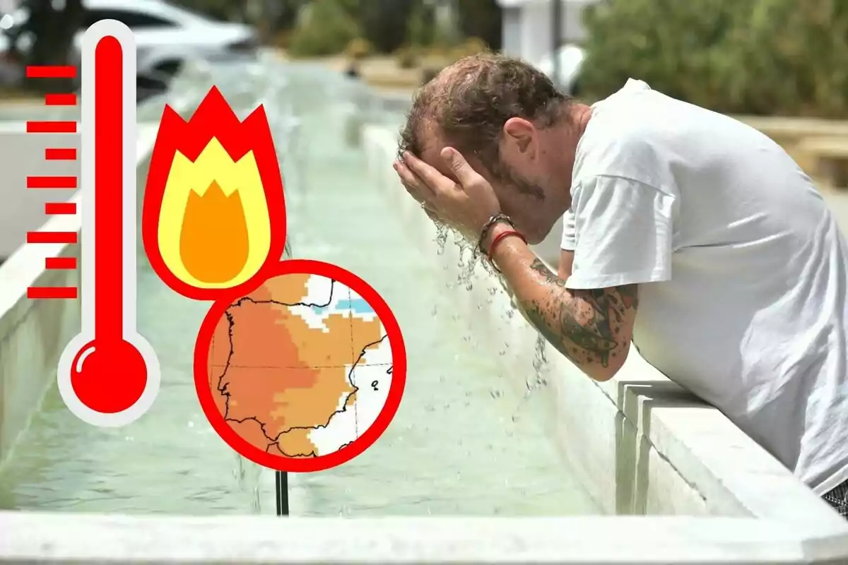 Home refrescant-se en una font durant una onada de calor amb icones de termòmetre, foc i un mapa de temperatures altes Home refrescant-se en una font durant una onada de calor amb icones de termòmetre, foc i un mapa de temperatures altes