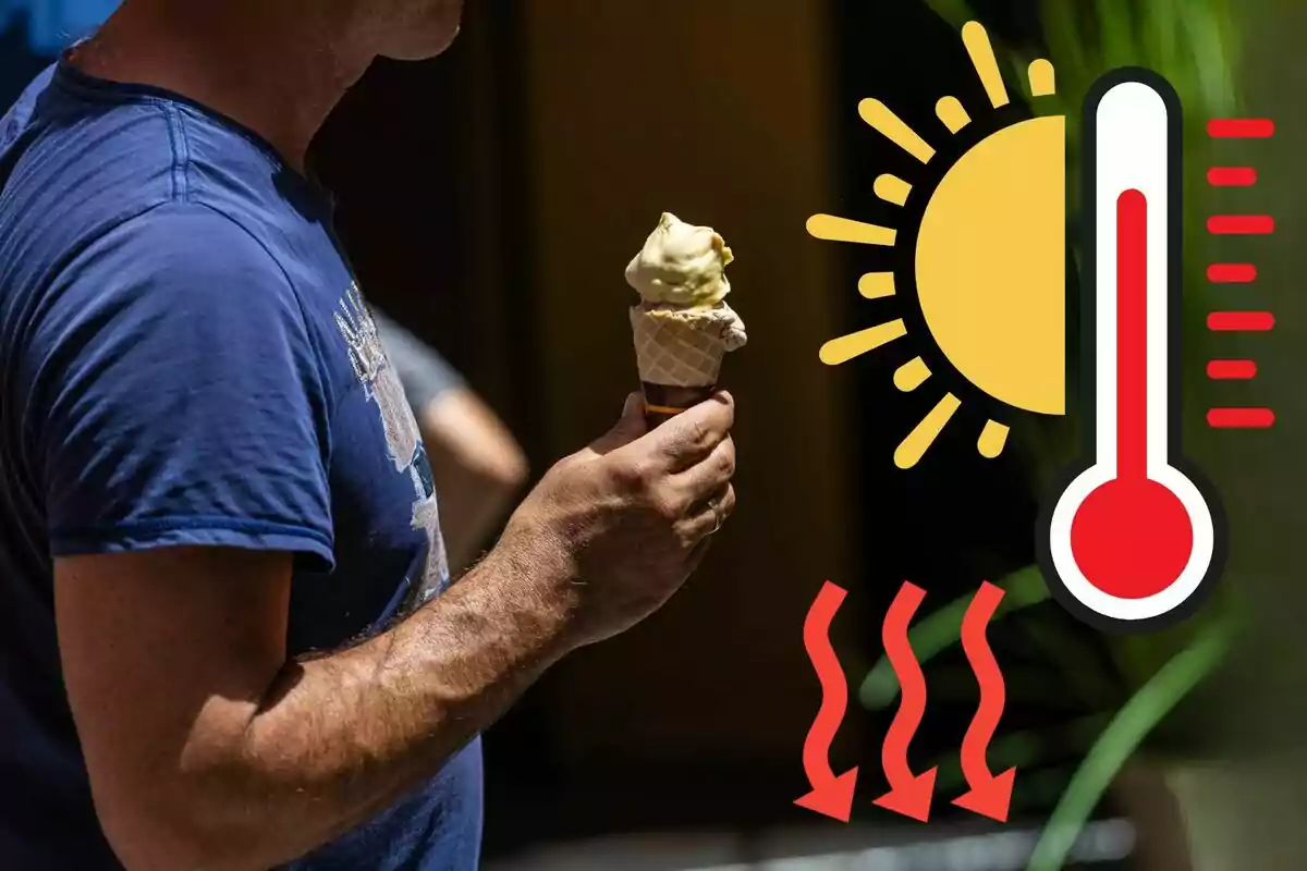 Persona con camiseta azul sostiene un helado mientras aparecen ilustraciones de sol, termómetro y calor indicando altas temperaturas