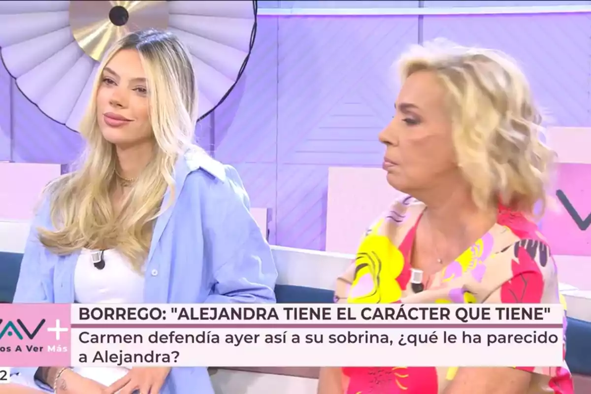 Carmen Borrego and Alejandra Rubio sitting on 'Vamos a ver' decorated in lilac tones, with an on-screen sign displaying a headline about Alejandra and Carmen. Carmen Borrego and Alejandra Rubio sitting on 'Vamos a ver' decorated in lilac tones, with an on-screen sign displaying a headline about Alejandra and Carmen.