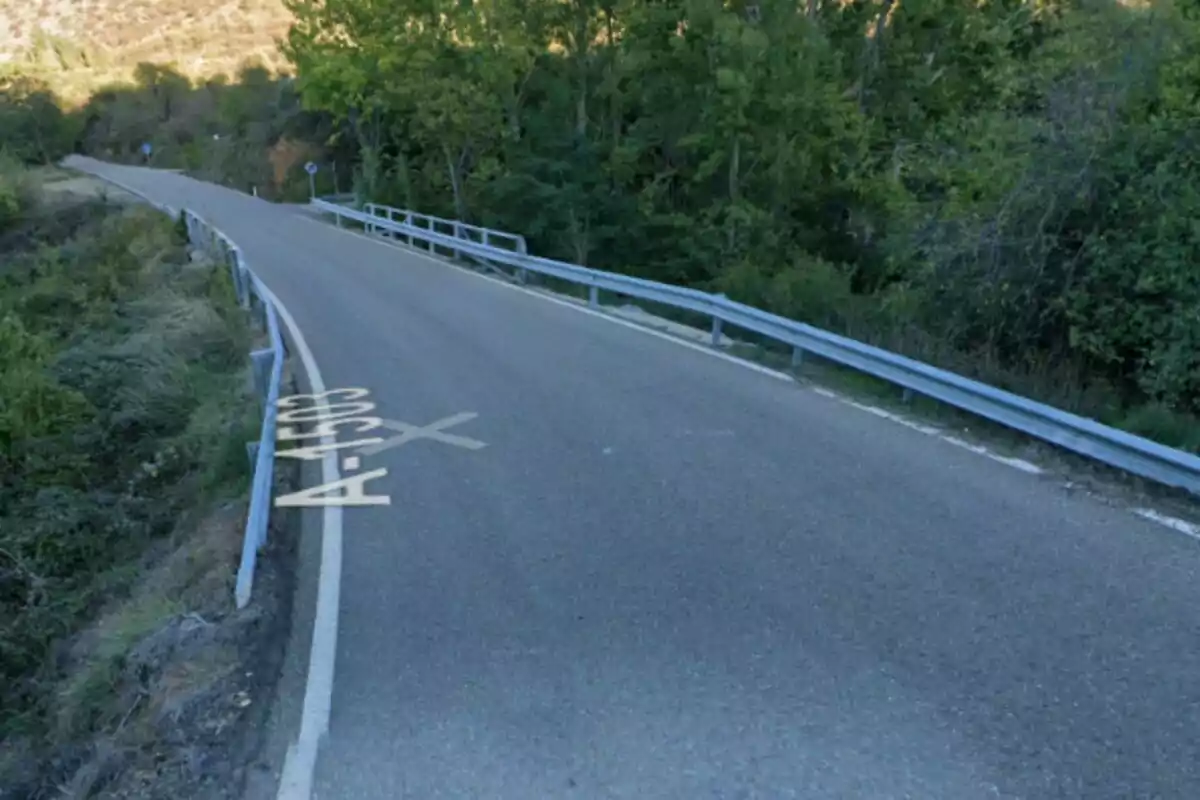Carretera rural amb baranes metàl·liques i vegetació als costats, amb la inscripció A-1503 pintada a l’asfalt. Carretera rural amb baranes metàl·liques i vegetació als costats, amb la inscripció A-1503 pintada a l’asfalt.