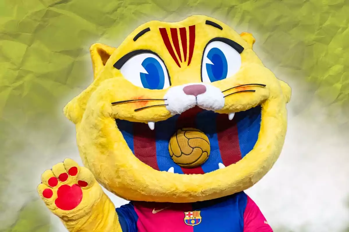 Yellow cat dressed as FC Barcelona’s mascot with a blue and claret jersey and a blurred green background