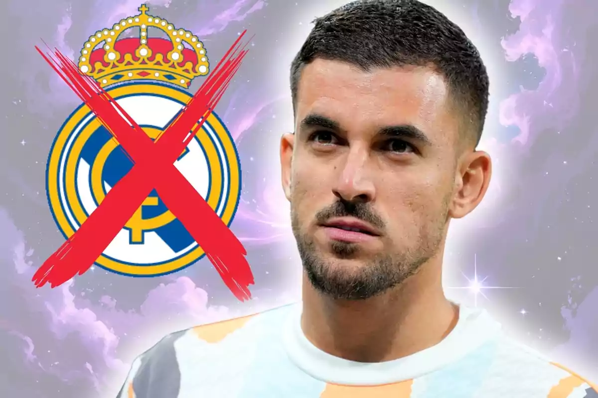 Un futbolista amb expressió seriosa apareix al costat de l’escut del Reial Madrid ratllat amb una gran X vermella sobre un fons de colors morats i blancs.