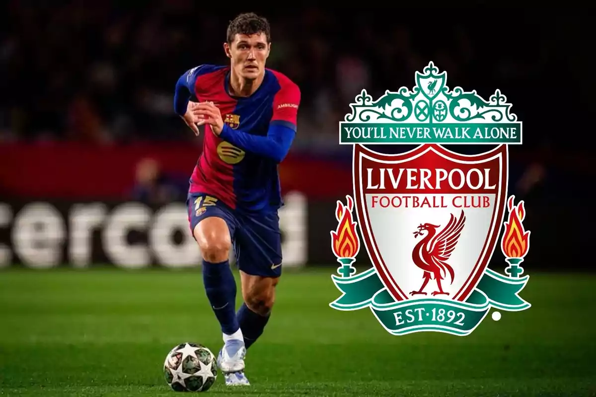 Futbolista del Barcelona en acció amb l’escut del Liverpool al davant Futbolista del Barcelona en acció amb l’escut del Liverpool al davant