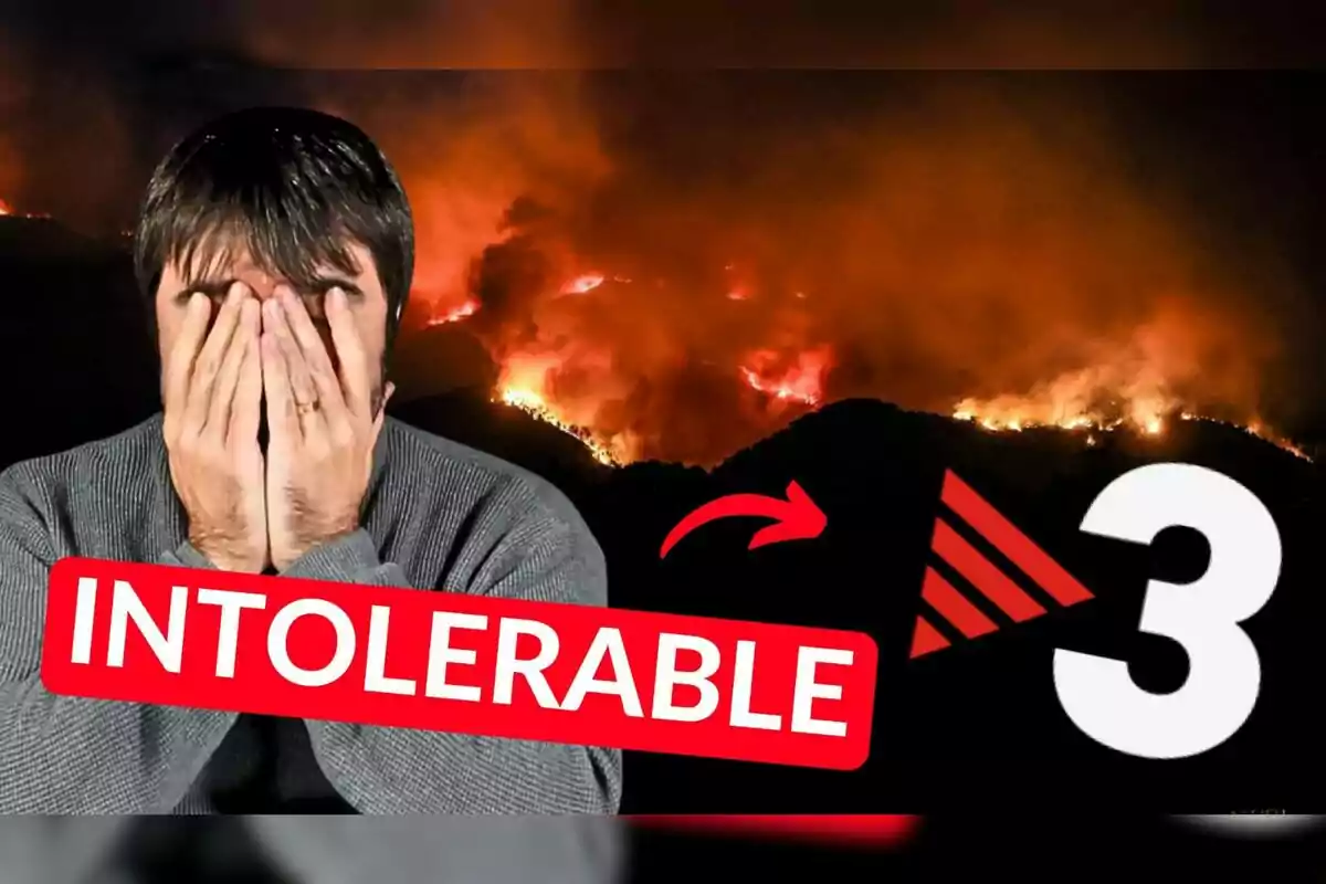 Home cobrint-se la cara amb les mans davant d’un incendi forestal de nit, amb la paraula intolerable en lletres vermelles i blanques i un número tres gran a la dreta