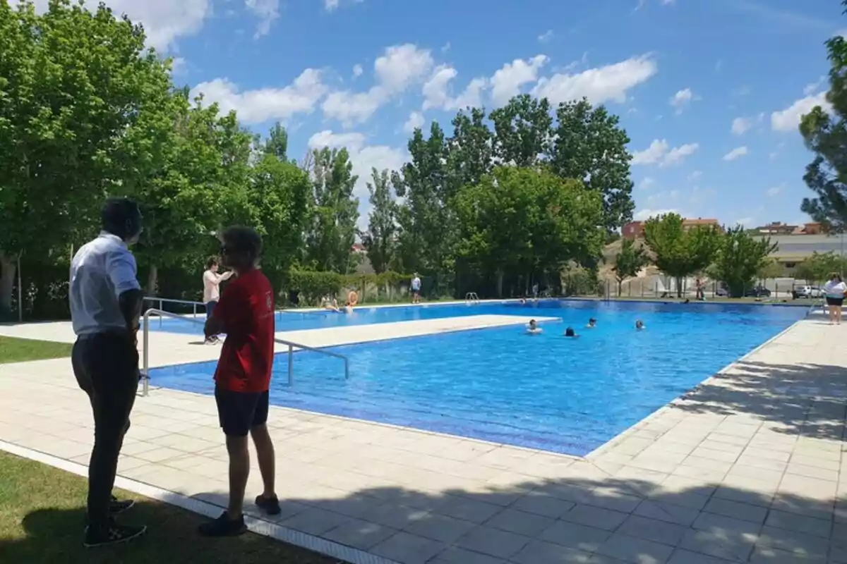 People talking by an outdoor pool on a sunny day with several people swimming and trees around. People talking by an outdoor pool on a sunny day with several people swimming and trees around.