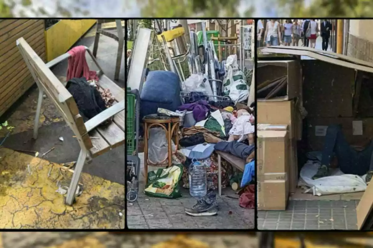 Tres escenas urbanas muestran situaciones de personas en situación de calle con pertenencias y refugios improvisados Tres escenas urbanas muestran situaciones de personas en situación de calle con pertenencias y refugios improvisados