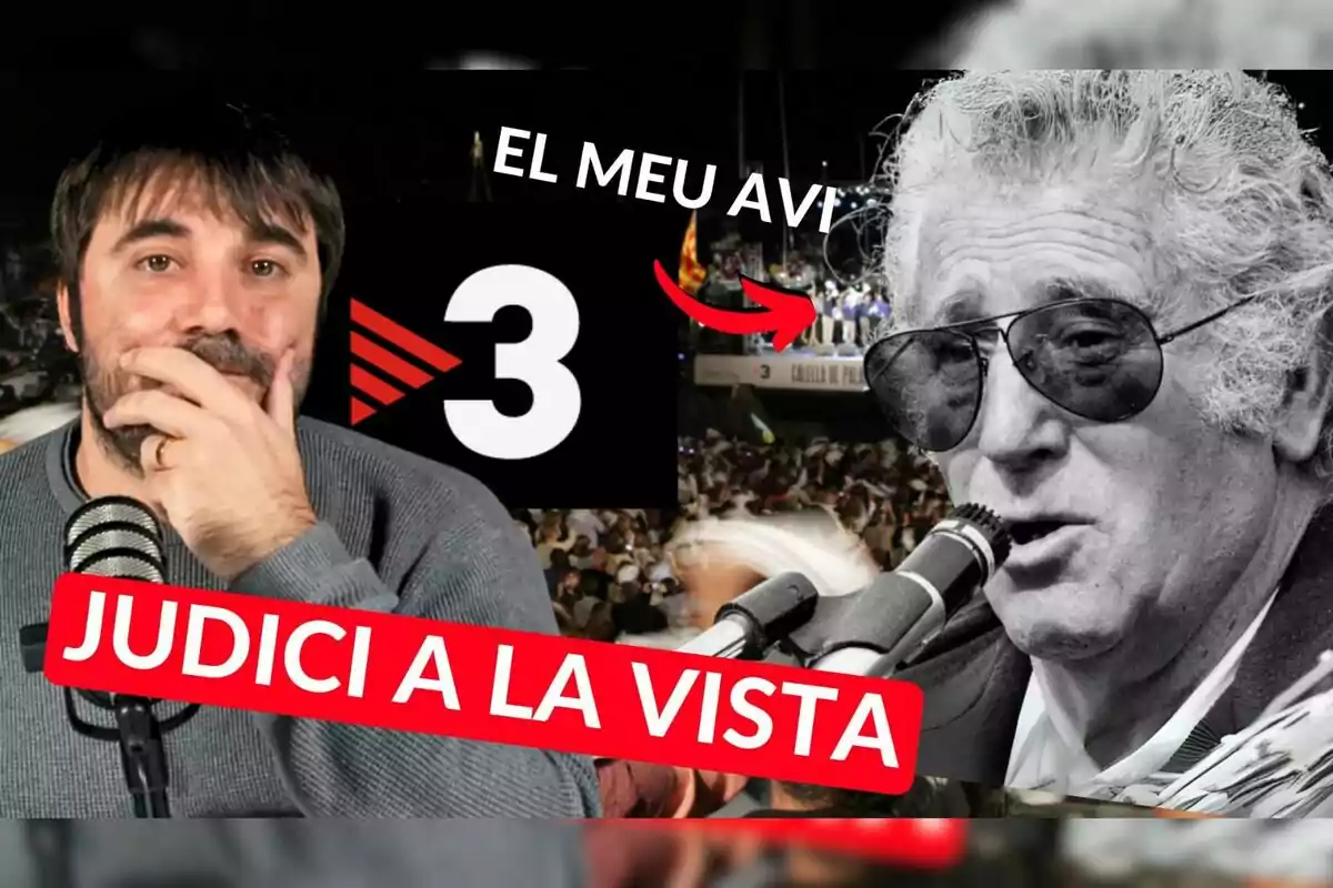 Thoughtful man in front of a microphone, TV3 logo, black and white photo of an older man wearing sunglasses, red arrow and text in Catalan that says El meu avi and Judici a la vista