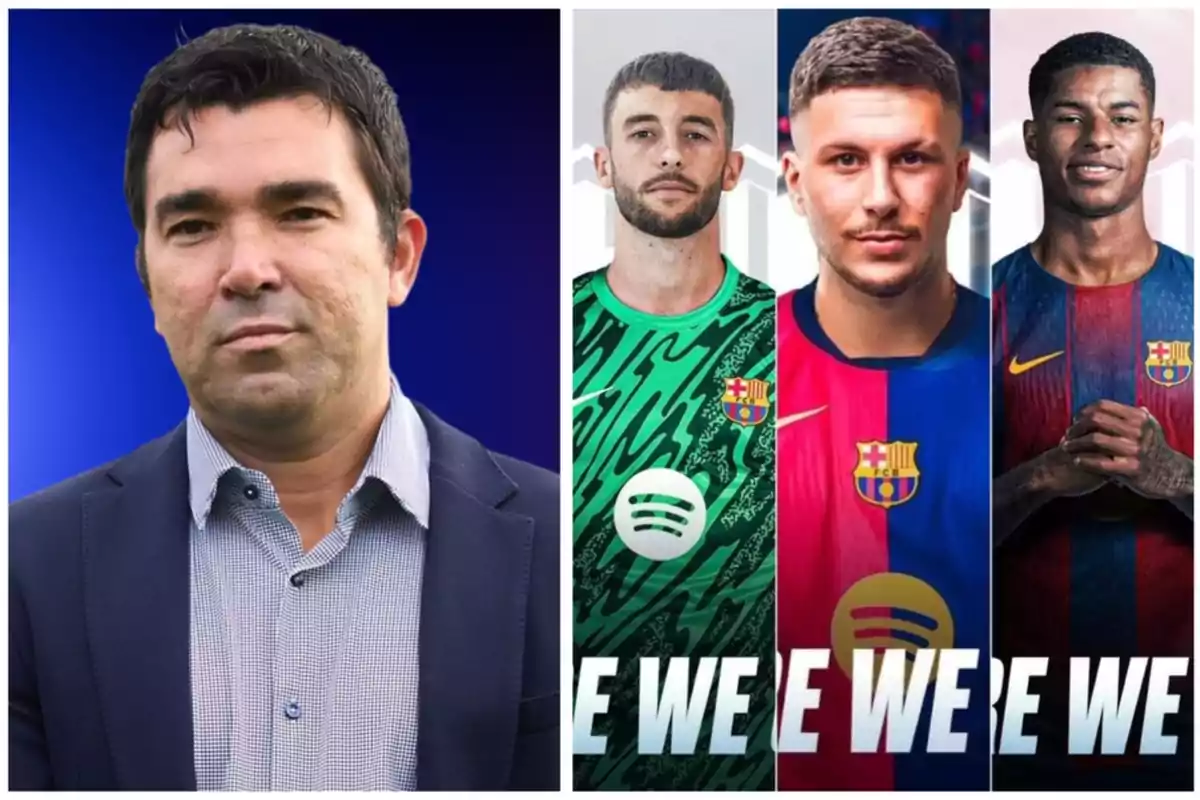Un hombre con traje oscuro y camisa clara aparece a la izquierda, mientras que a la derecha hay tres futbolistas con uniformes del FC Barcelona posando frente a un fondo claro. Un hombre con traje oscuro y camisa clara aparece a la izquierda, mientras que a la derecha hay tres futbolistas con uniformes del FC Barcelona posando frente a un fondo claro.