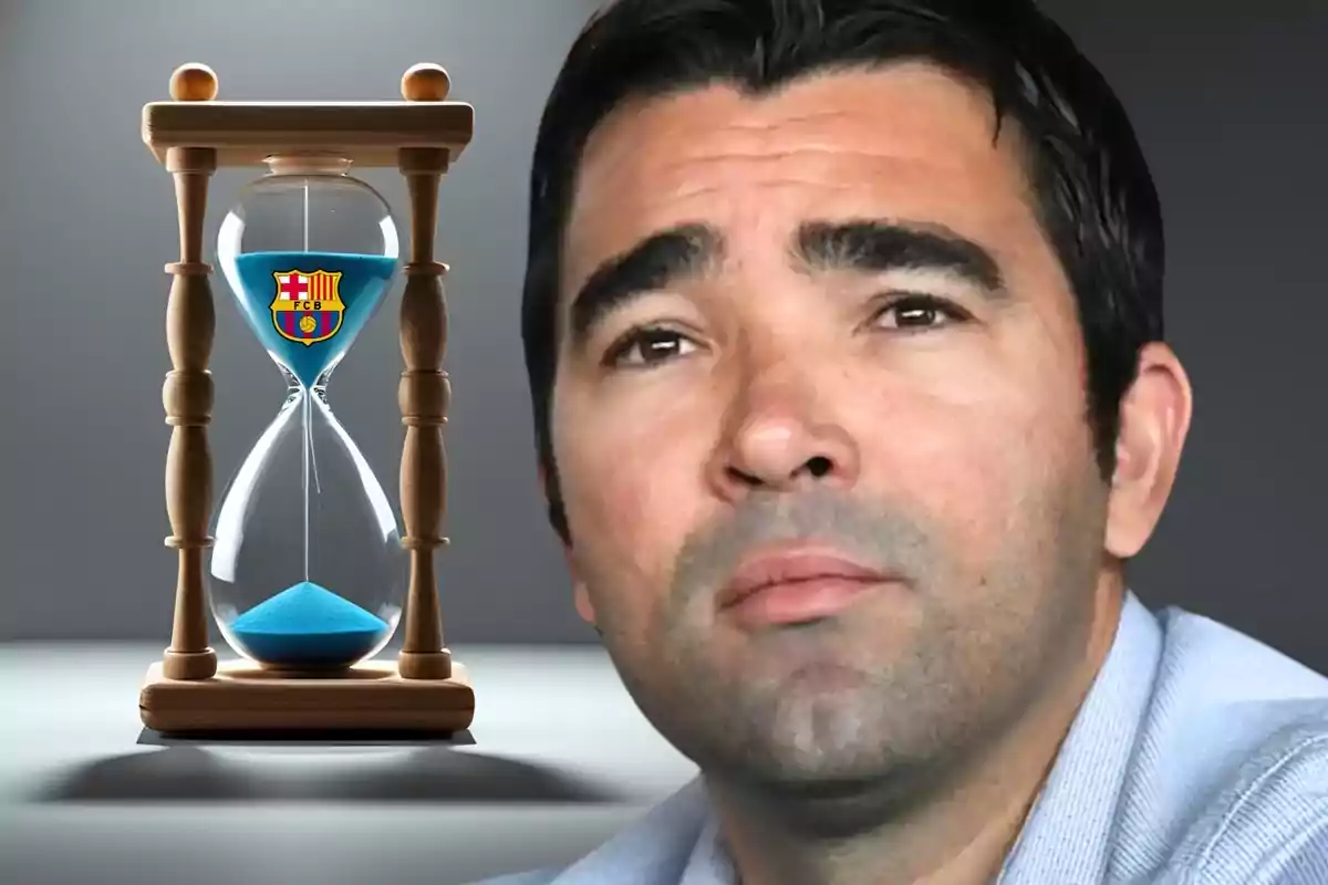 A thoughtful man appears next to an hourglass that has the FC Barcelona crest and blue sand.