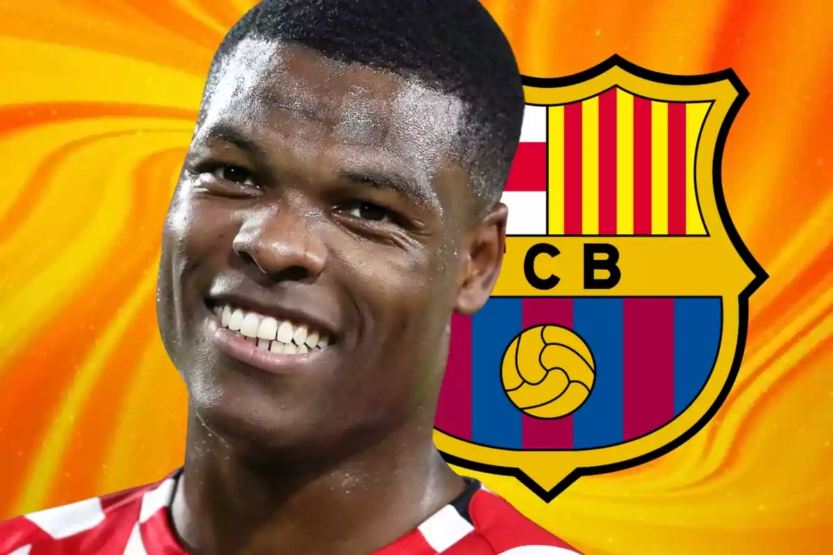 Smiling player in a red and white jersey in front of the FC Barcelona crest against an orange background