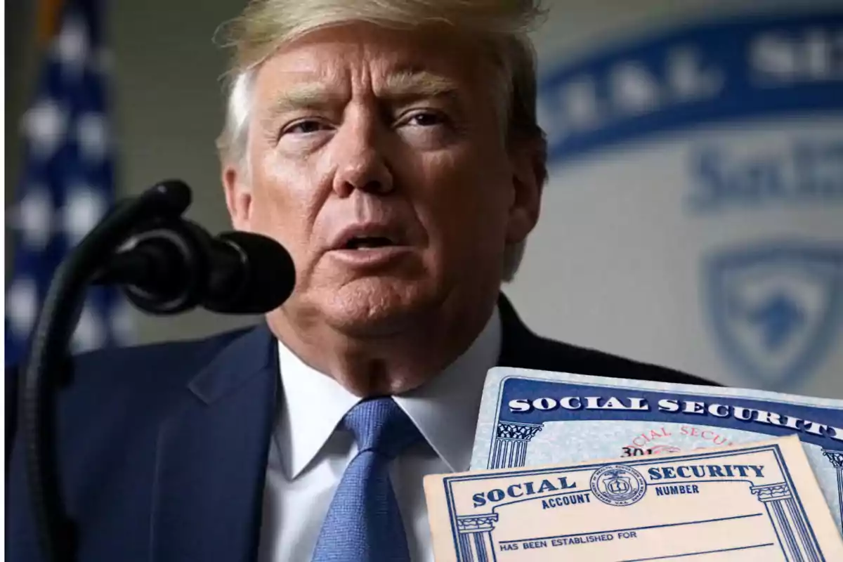 Hombre de cabello rubio hablando frente a un micrófono con tarjetas de seguro social en primer plano Hombre de cabello rubio hablando frente a un micrófono con tarjetas de seguro social en primer plano