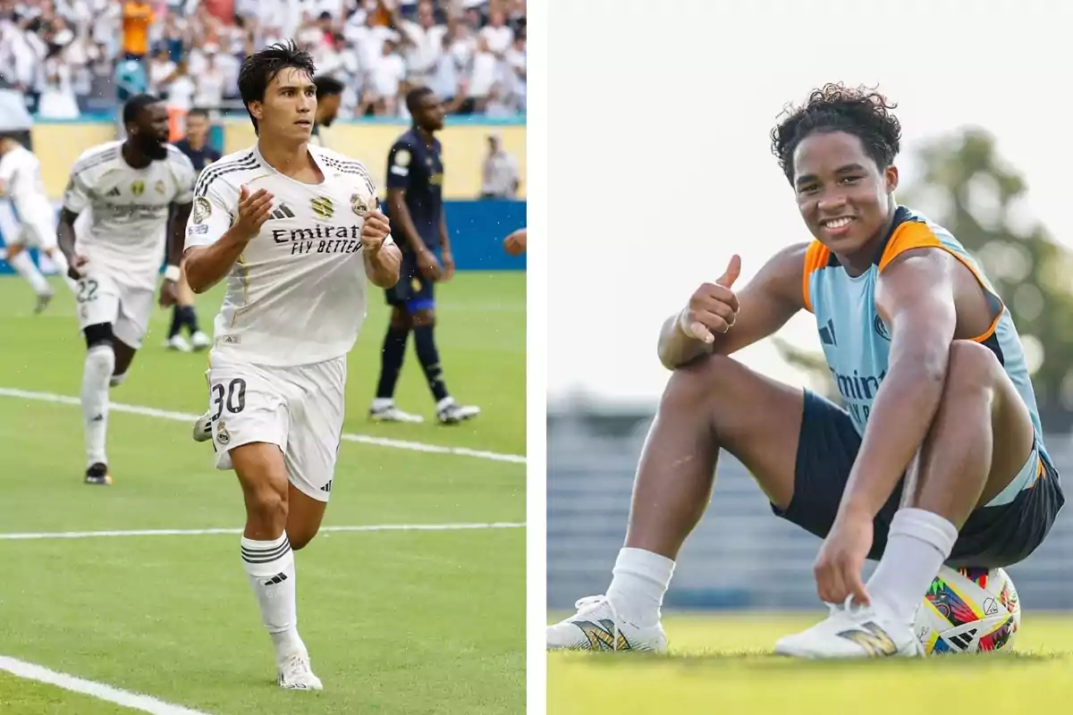 Dos jóvenes futbolistas del Real Madrid uno celebrando un gol en el campo y otro sentado sobre un balón sonriendo y haciendo una señal de aprobación Dos jóvenes futbolistas del Real Madrid uno celebrando un gol en el campo y otro sentado sobre un balón sonriendo y haciendo una señal de aprobación