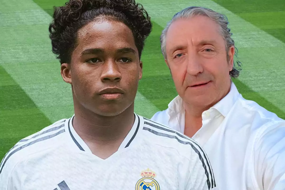 Two people pose on a soccer field, one of them wearing a Real Madrid uniform and the other wearing a white jersey.