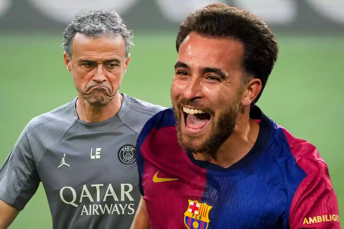 A coach with a serious expression and a player celebrating in a Barcelona jersey