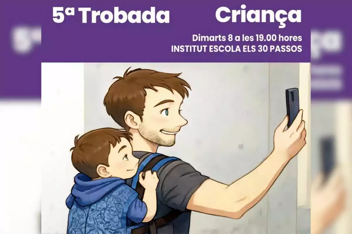 Illustration of a young man smiling while taking a selfie with a small child he is carrying in a baby carrier backpack; both are looking at the phone and appear happy. Illustration of a young man smiling while taking a selfie with a small child he is carrying in a baby carrier backpack; both are looking at the phone and appear happy.