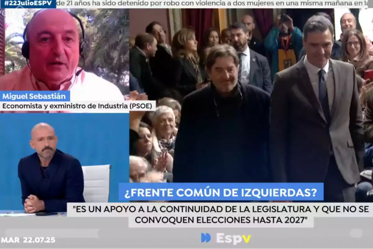 Pantalla dividida d’un programa de televisió amb un convidat en videotrucada, un presentador a l’estudi i una imatge de dos homes caminant entre una multitud, acompanyada de titulars sobre política i eleccions Pantalla dividida d’un programa de televisió amb un convidat en videotrucada, un presentador a l’estudi i una imatge de dos homes caminant entre una multitud, acompanyada de titulars sobre política i eleccions