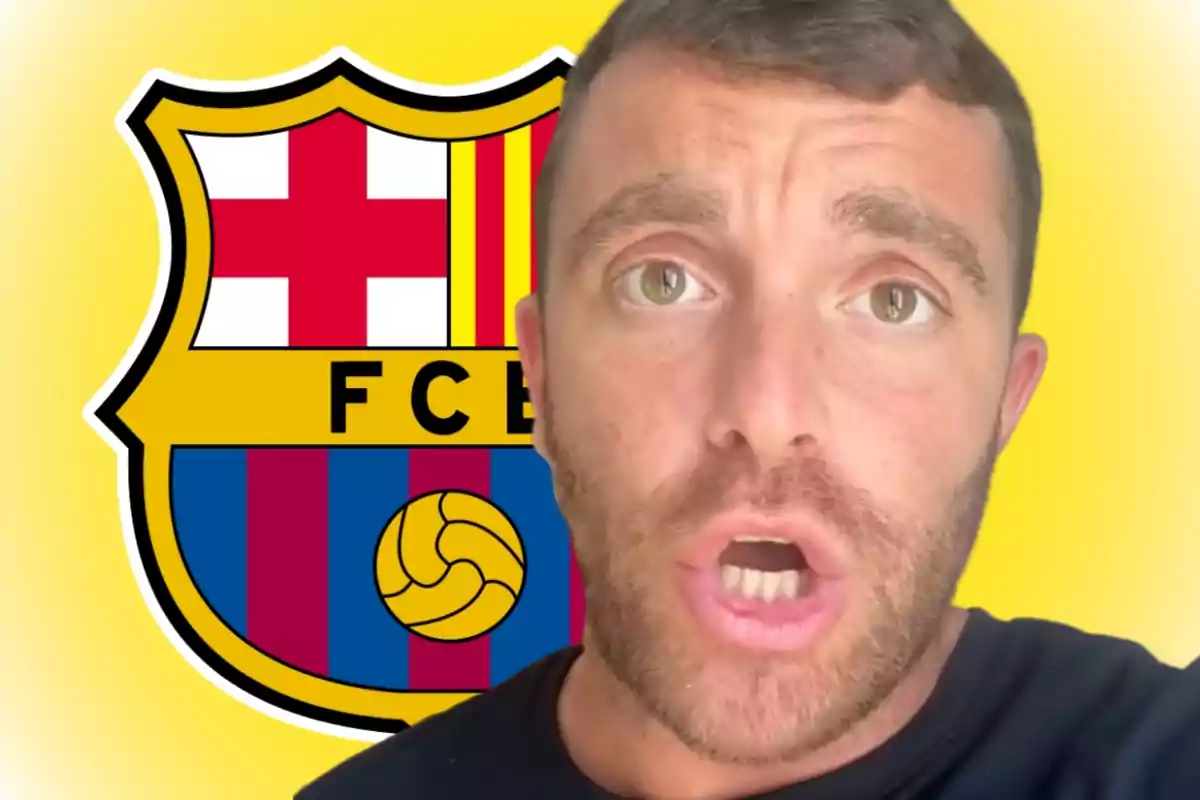 Short-haired man with a trimmed beard speaking in front of the FC Barcelona crest against a yellow background