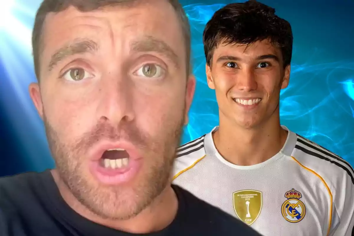 Close-up of a bearded man with a surprised expression next to a smiling young man wearing a Real Madrid jersey against a bright blue background