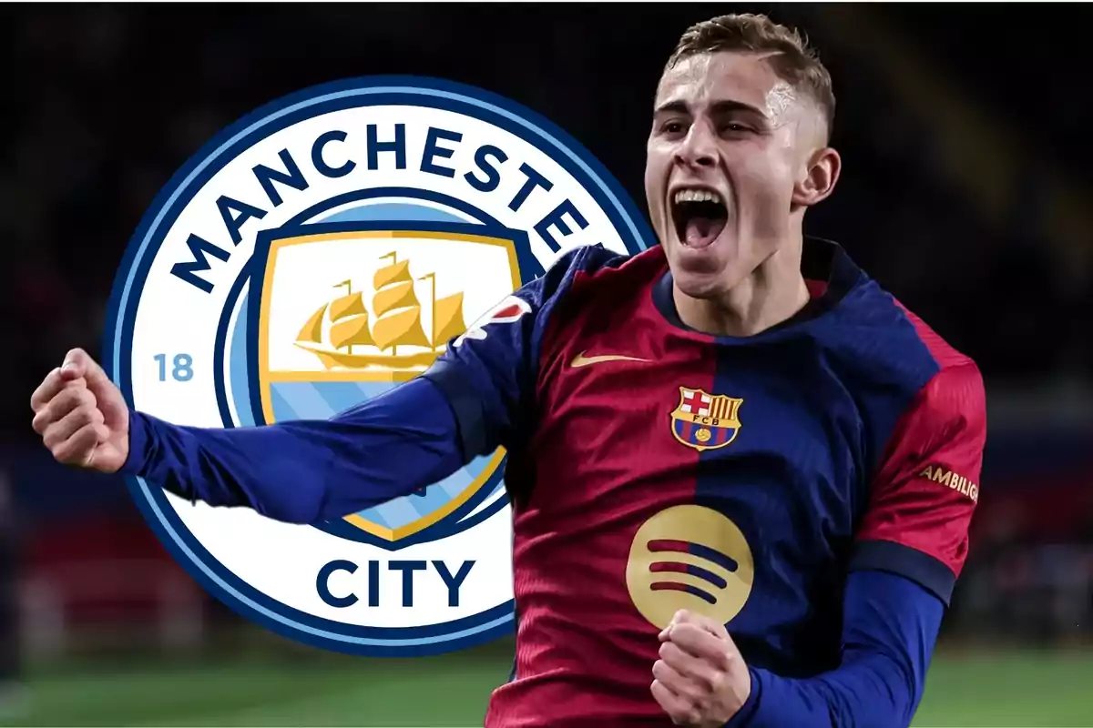 Soccer player celebrating with the Barcelona jersey in front of the Manchester City crest Soccer player celebrating with the Barcelona jersey in front of the Manchester City crest