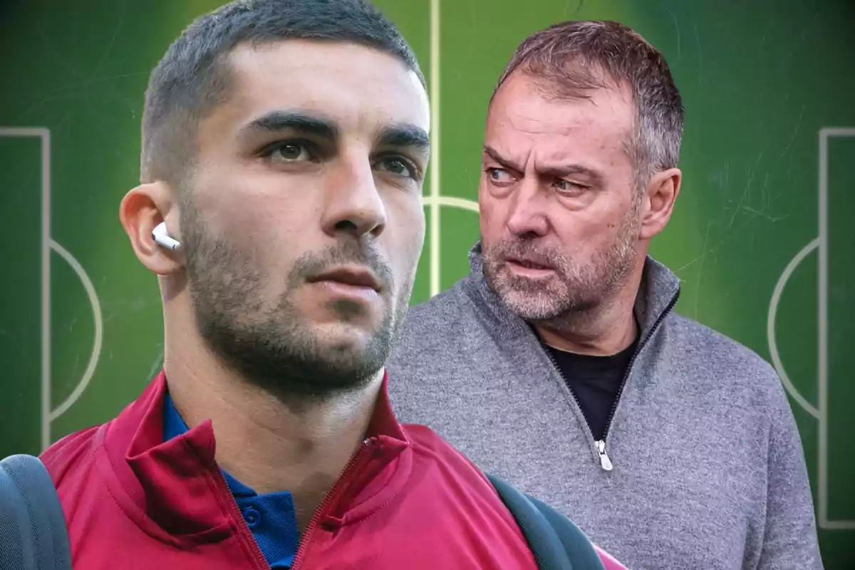 A player with headphones and a man with short hair and a beard looking at him, both on a soccer field background.