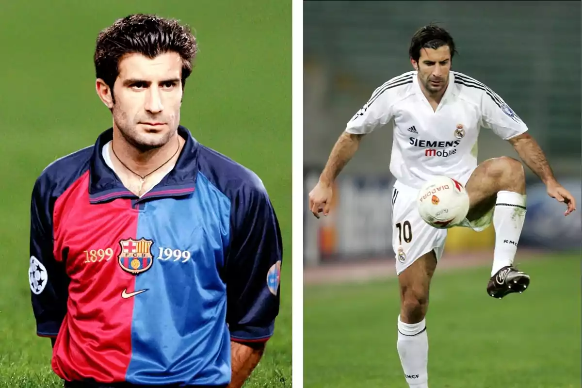 A player in a Barcelona uniform on the left and the same player in a Real Madrid uniform on the right A player in a Barcelona uniform on the left and the same player in a Real Madrid uniform on the right