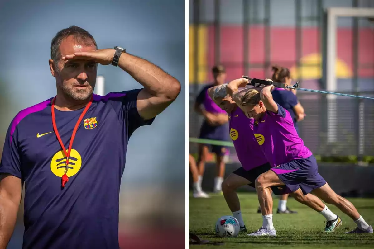 Entrenador del FC Barcelona observant l’entrenament mentre dos jugadors fan exercicis de resistència amb bandes elàstiques al camp de futbol. Entrenador del FC Barcelona observant l’entrenament mentre dos jugadors fan exercicis de resistència amb bandes elàstiques al camp de futbol.