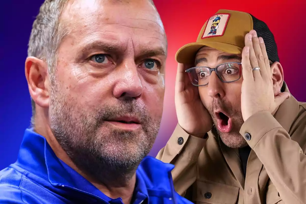 Close-up of a man with a serious expression next to another person, who looks surprised with their hands on their face, against a red and blue gradient background.