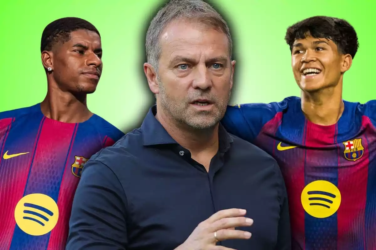 Tres personas, una en el centro con camisa oscura y dos a los lados con uniforme del Barcelona sobre un fondo verde.