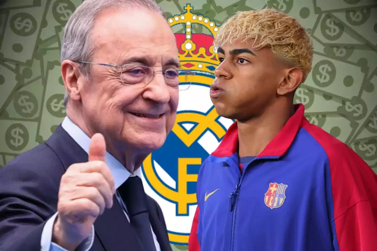 Un home gran somrient amb vestit i el polze amunt al costat d’un jove amb jaqueta esportiva, fons de bitllets i l’escut del Reial Madrid.