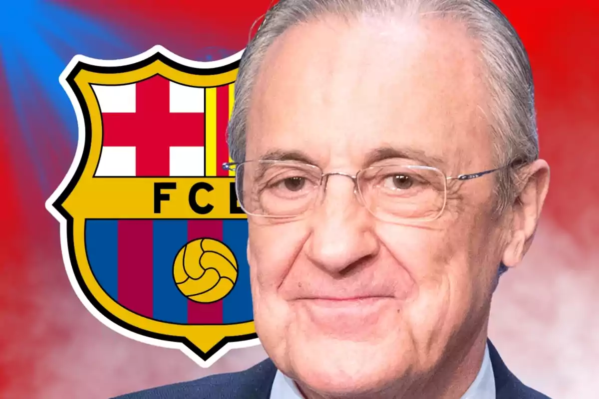 Older man with glasses smiling in front of the FC Barcelona crest against a blurred red and blue background