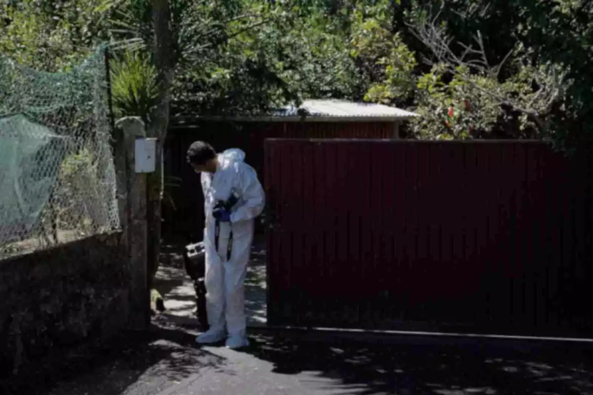 Persona amb vestit forense blanc inspecciona l’entrada d’una propietat envoltada de vegetació i una tanca de reixa. Persona amb vestit forense blanc inspecciona l’entrada d’una propietat envoltada de vegetació i una tanca de reixa.
