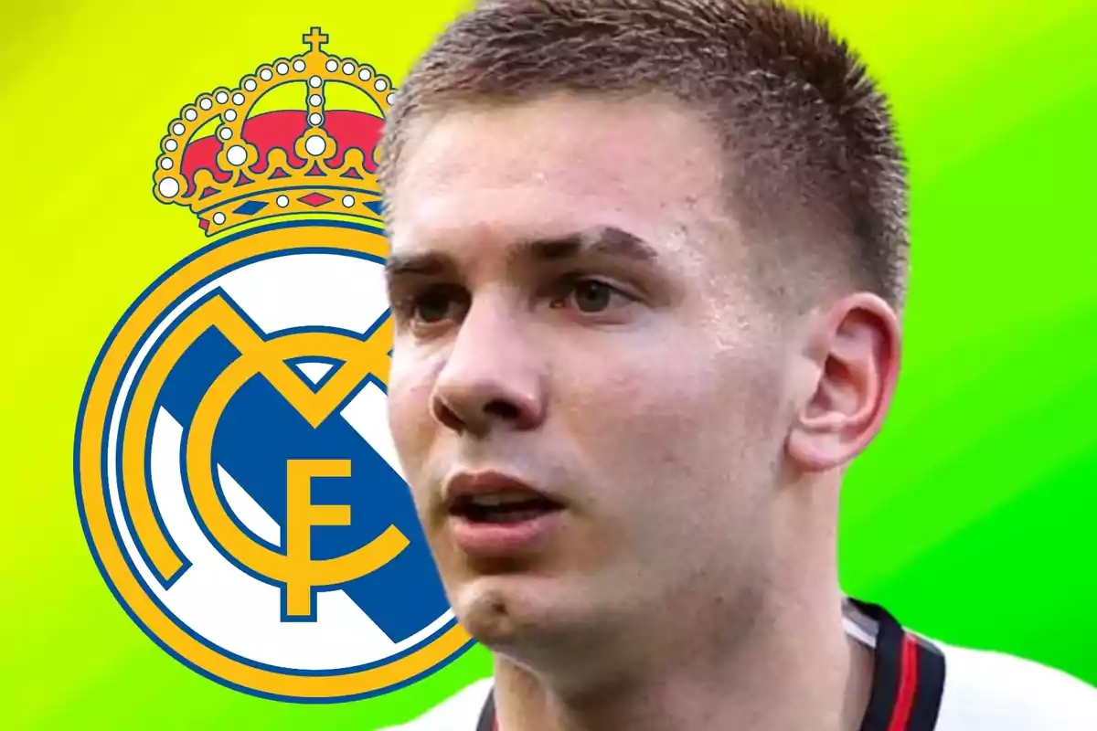 A player with the Real Madrid crest in the background over a yellow and green backdrop.