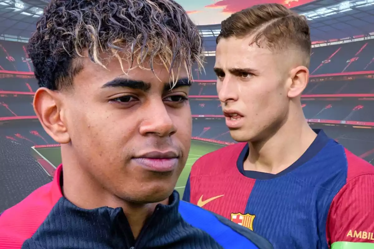 Two young players in Barcelona uniforms pose in an empty stadium at sunset.