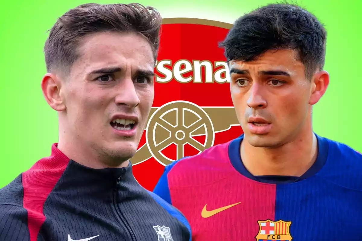 Two Barcelona players with the Arsenal crest in the background on a green backdrop