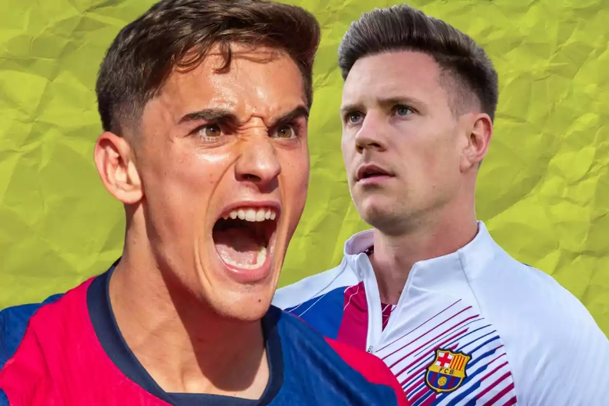Two FC Barcelona players with intense expressions against a wrinkled yellow background
