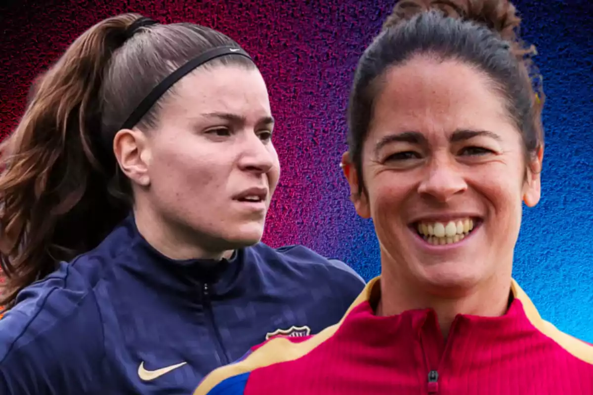 Dos mujeres con ropa deportiva del FC Barcelona sobre un fondo de colores azul y rojo