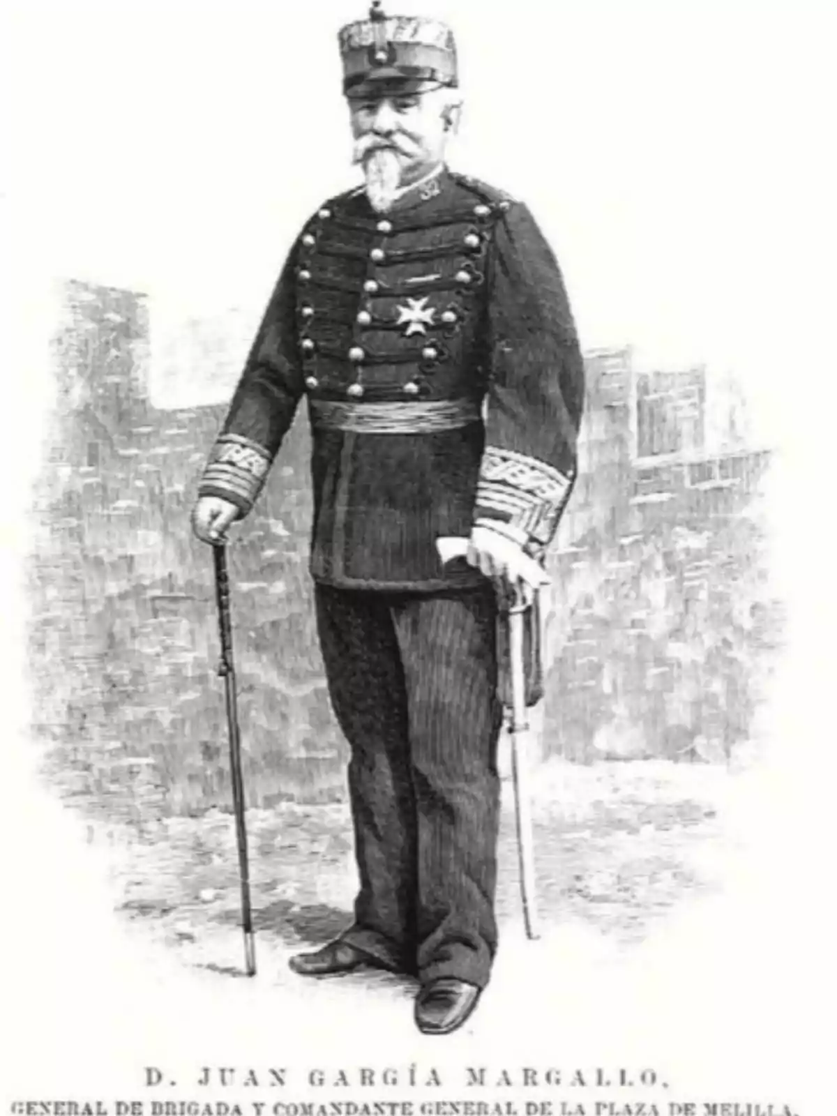 Il·lustració del general García Margallo en blanc amb uniforme militar antic, amb barba i bigoti, sostenint un bastó i una espasa, dret sobre un fons neutre Il·lustració del general García Margallo en blanc amb uniforme militar antic, amb barba i bigoti, sostenint un bastó i una espasa, dret sobre un fons neutre