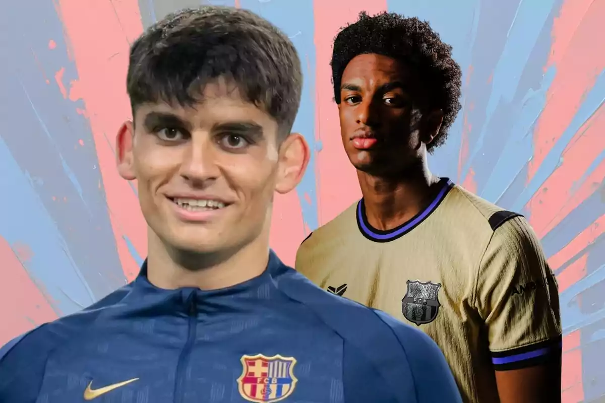 Dos jugadores del FC Barcelona posan con uniformes del equipo frente a un fondo de colores azul y rosa.