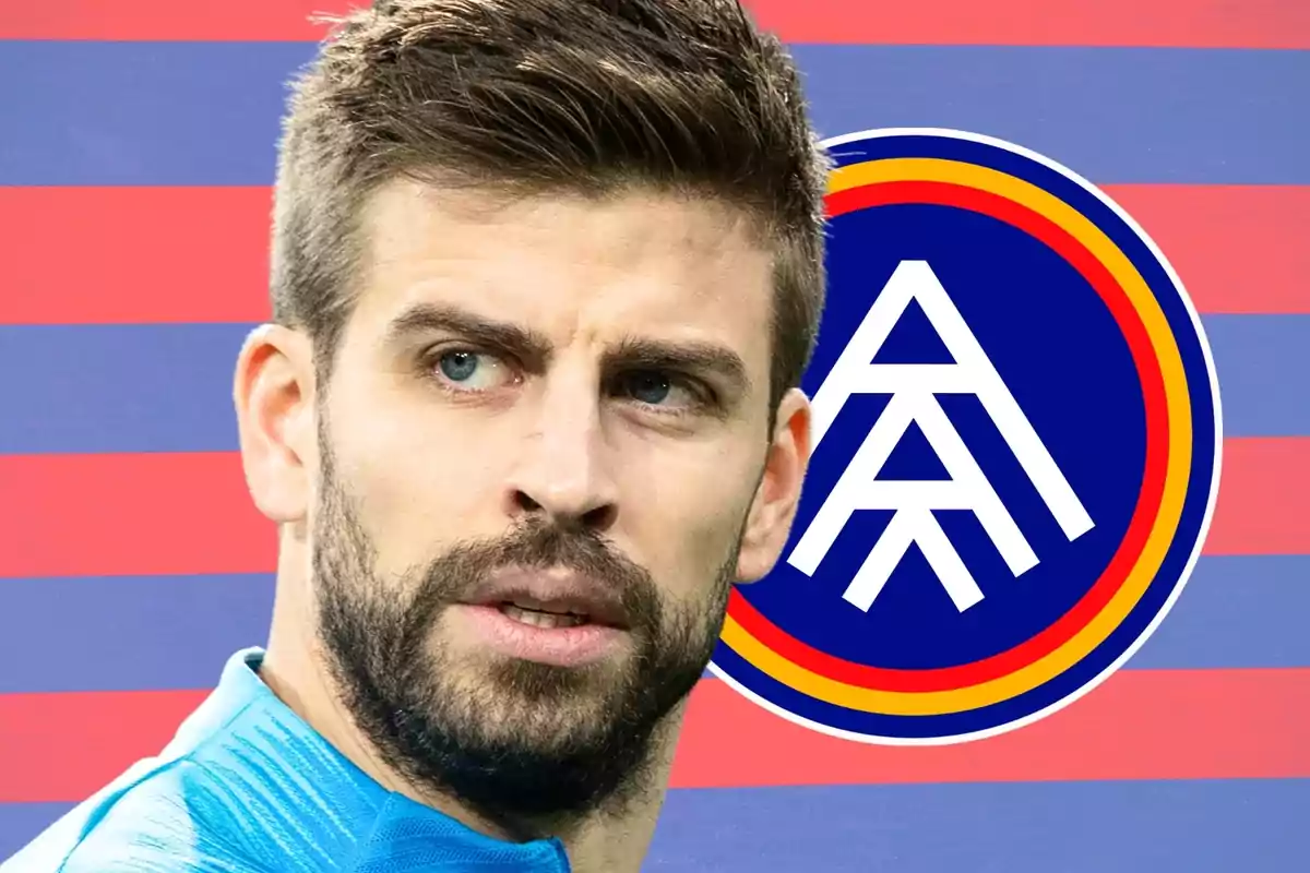 Man with a beard and short hair looks to the side with a background of red and blue stripes and a circular logo behind him