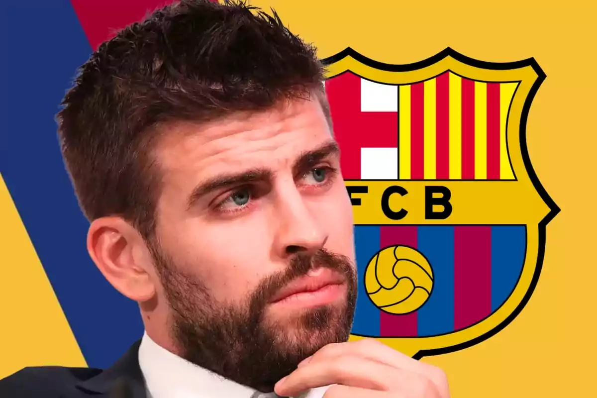 Pensive man with a beard in front of the FC Barcelona crest against a yellow background