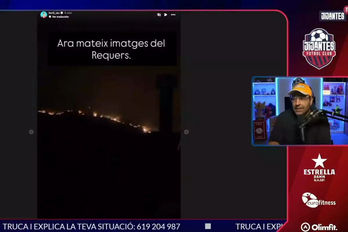 Transmissió en directe d’un programa esportiu amb una imatge d’un incendi a la pantalla principal i un presentador parlant en una petita finestra a la cantonada inferior dreta Transmissió en directe d’un programa esportiu amb una imatge d’un incendi a la pantalla principal i un presentador parlant en una petita finestra a la cantonada inferior dreta