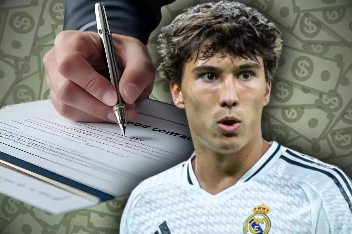 Un futbolista con la camiseta del Real Madrid aparece junto a una mano firmando un contrato sobre un fondo de billetes.