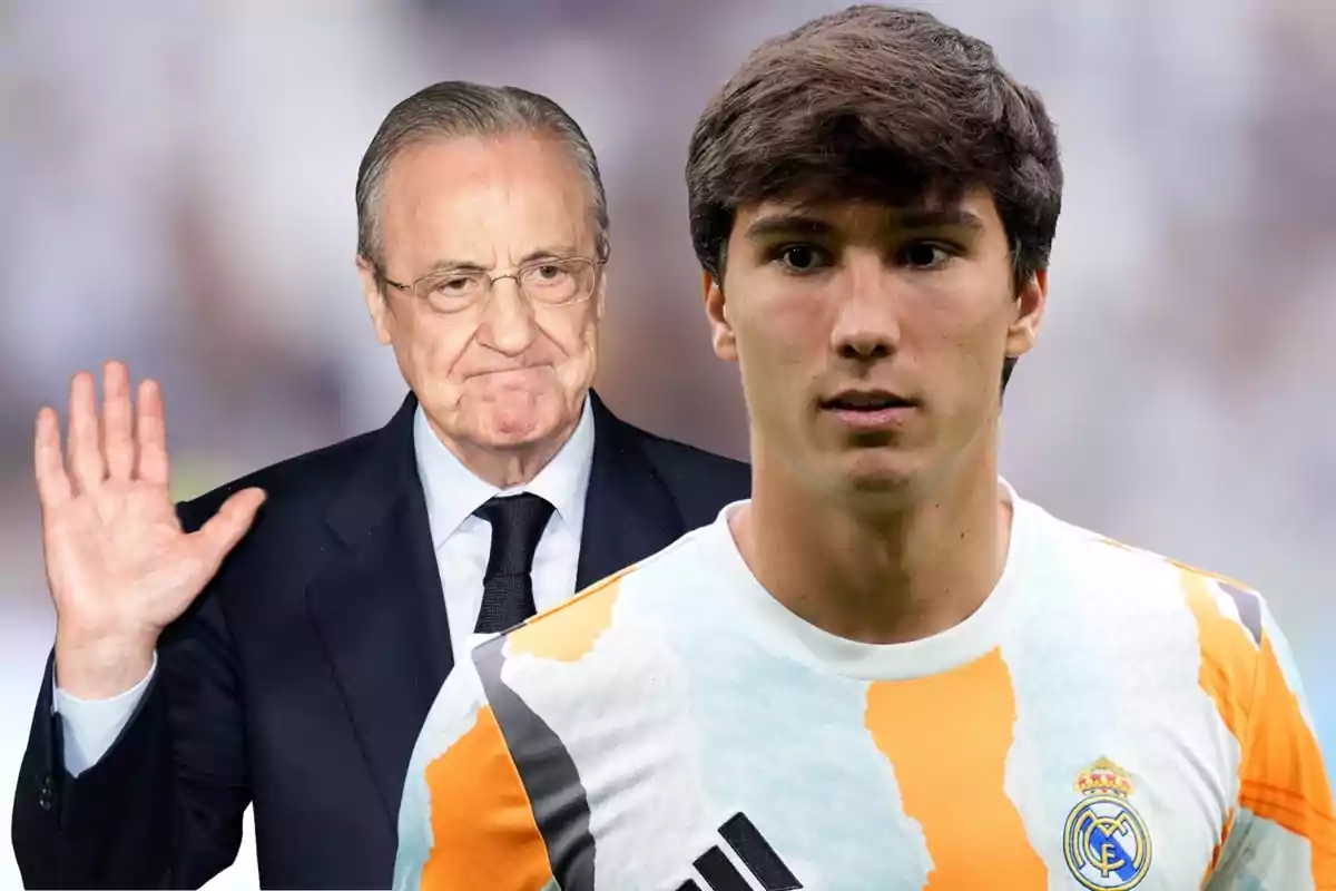 An older man in a suit waves while a young man wearing a Real Madrid jersey is in the foreground. An older man in a suit waves while a young man wearing a Real Madrid jersey is in the foreground.