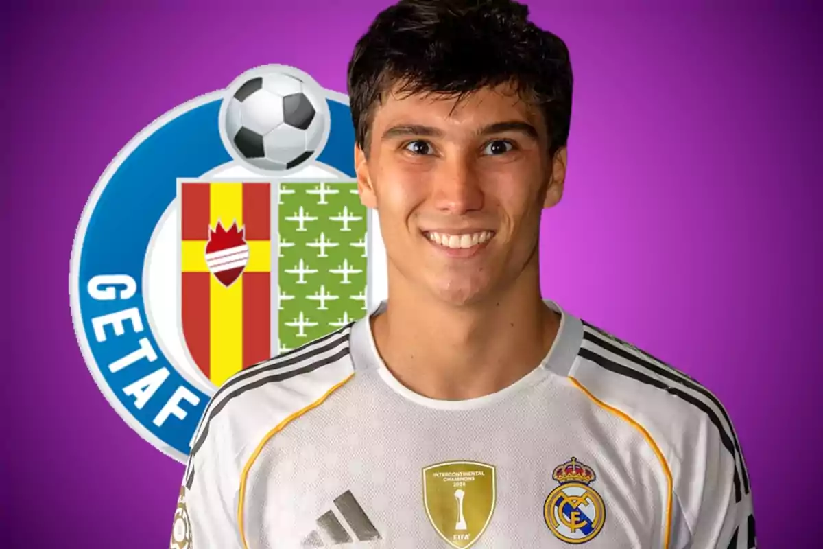 A player wearing a Real Madrid uniform smiles in front of the Getafe crest against a purple background.