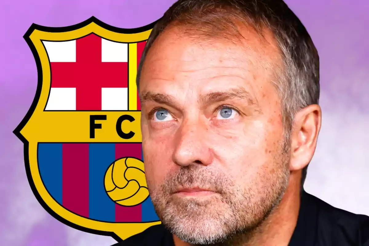Short-haired, bearded man looking up with the FC Barcelona crest in the background on a purple backdrop.