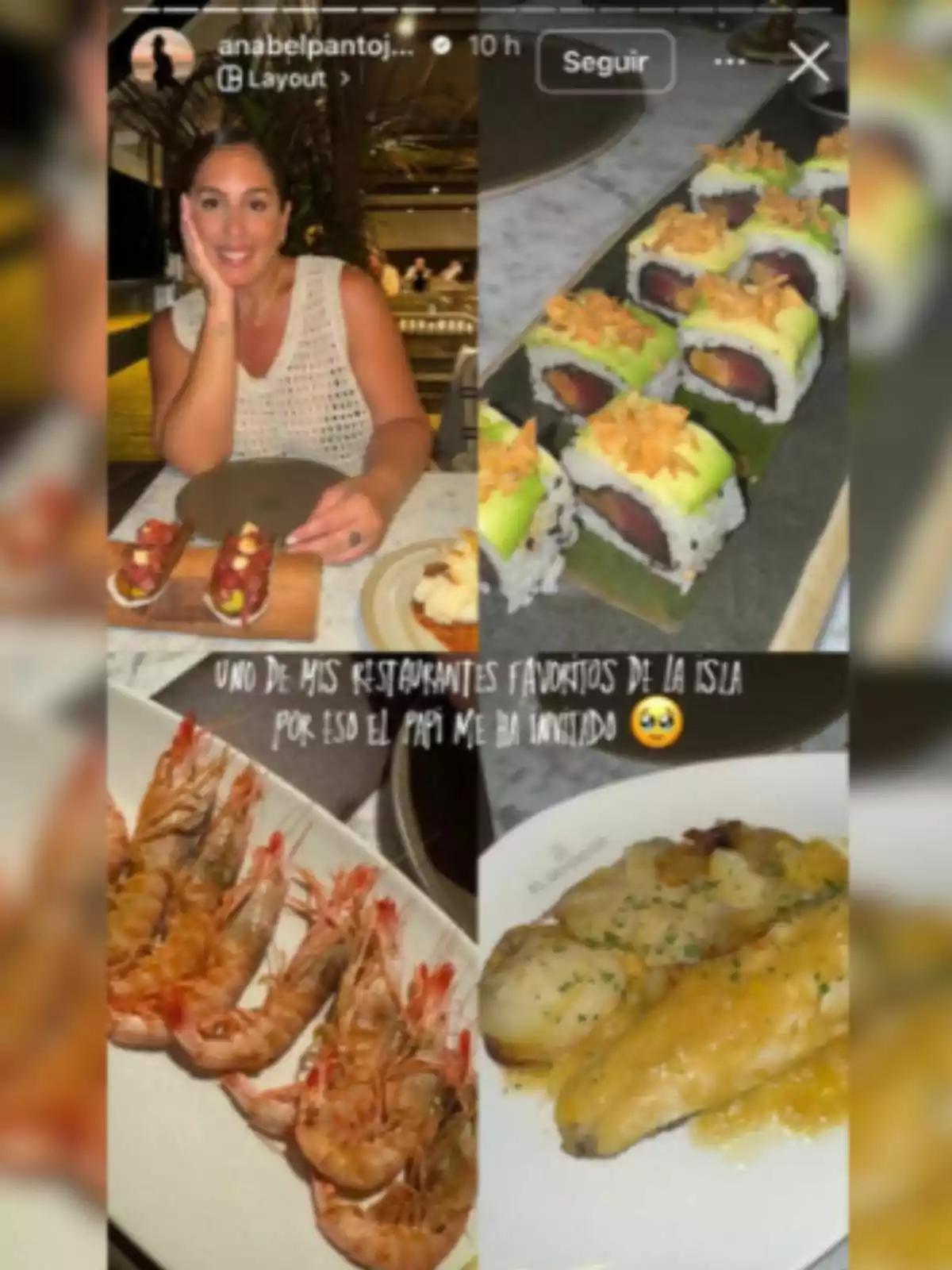 Collage of Anabel Pantoja smiling at a restaurant and several dishes of food including sushi, shrimp, and fish with potatoes. Collage of Anabel Pantoja smiling at a restaurant and several dishes of food including sushi, shrimp, and fish with potatoes.