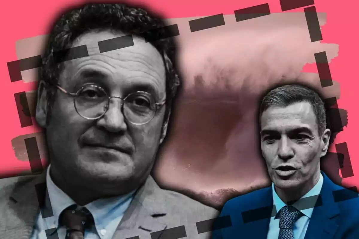 Álvaro García Ortiz y Pedro Sánchez con expresión seria aparecen en primer plano sobre un fondo abstracto de tonos rosados y oscuros, con un marco negro irregular rodeando la imagen.