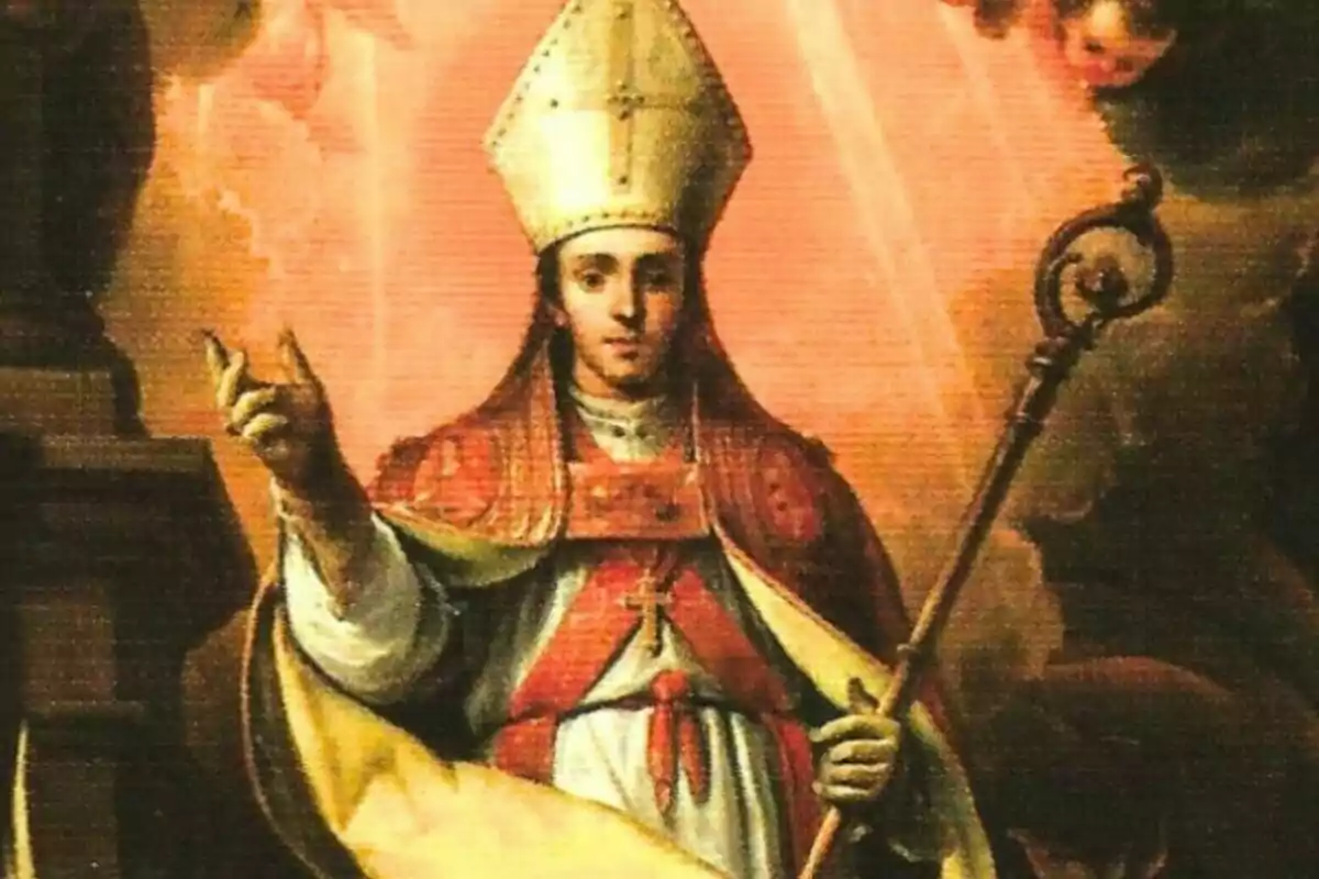 Bisbe amb vestimenta litúrgica i bàcul a la mà dreta, fons il·luminat i detalls religiosos