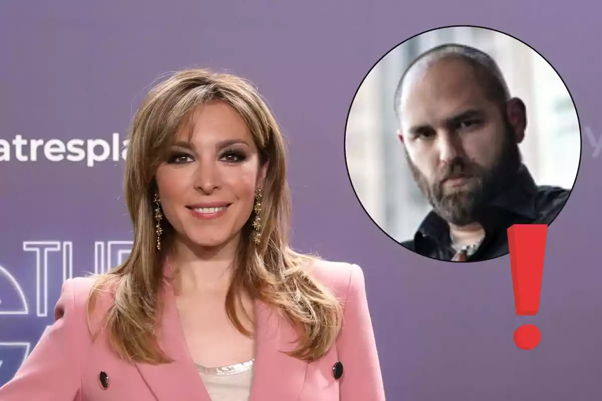 Woman in a pink blazer posing in front of a purple background, with a circle showing the face of a bearded man and a red exclamation mark.
