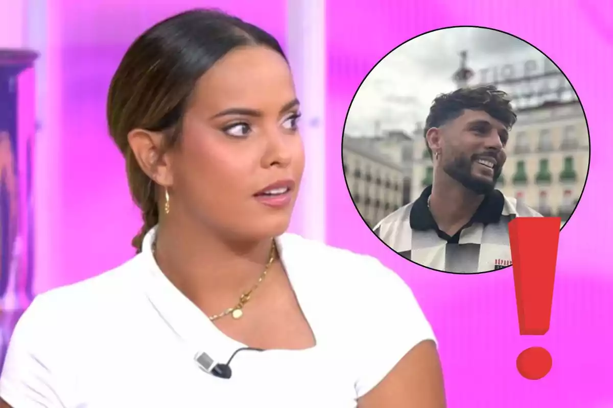 Dona amb expressió de sorpresa en un plató de televisió amb fons rosa i un cercle que mostra un home somrient al costat d’un signe d’exclamació vermell.